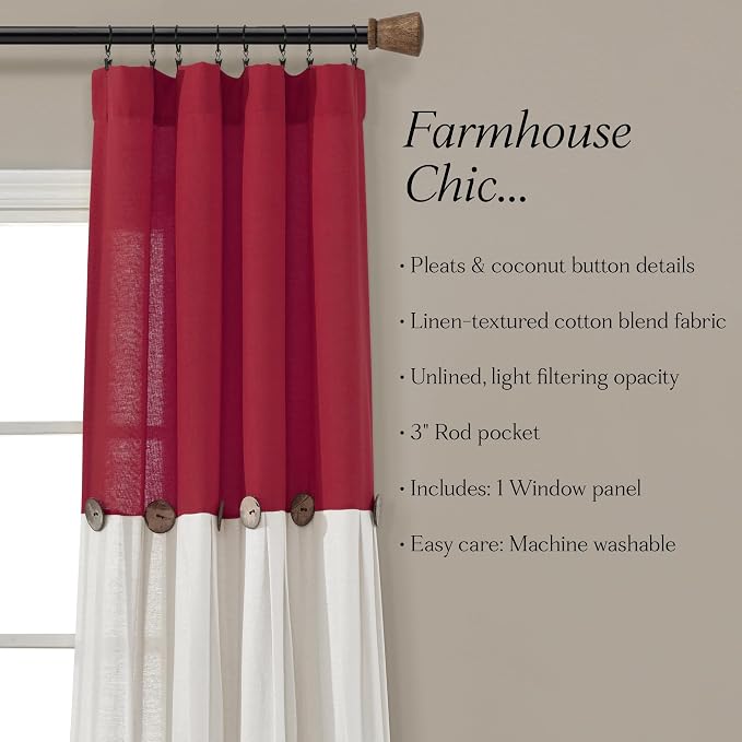 Lush Decor Linen Button Window Curtain Panel, Single, 40" W x 84" L, Red & Off White - Country Curtains - Rustic Decor - Color Block Modern Farmhouse Curtains For Living Room, Bedroom & Dining Room