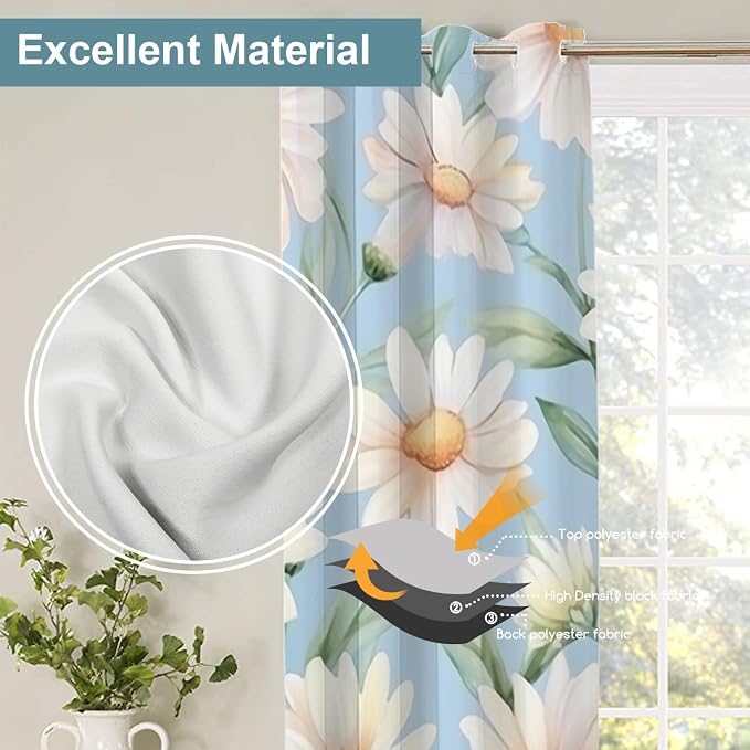 Shrahala Daisies Leaves Thermal Insulated Blackout Window Curtains, White Daisies On Blue Long Drapes for Bedroom/Living Room with Plastic Grommet, 52X63 Set of 2
