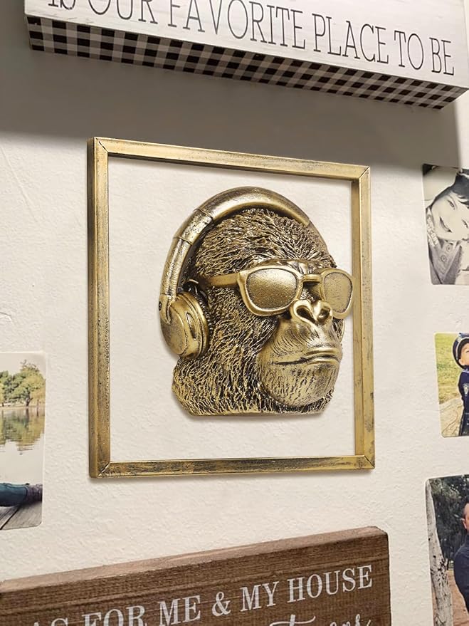 Newinhome Animal Heads Wall Decor (Includes Metal Frame) Resin Animals Sculptures Head Wall Hanging Decoration Gold vintage Wall Sculpture for Living Room Bedroom Office (Gorilla)