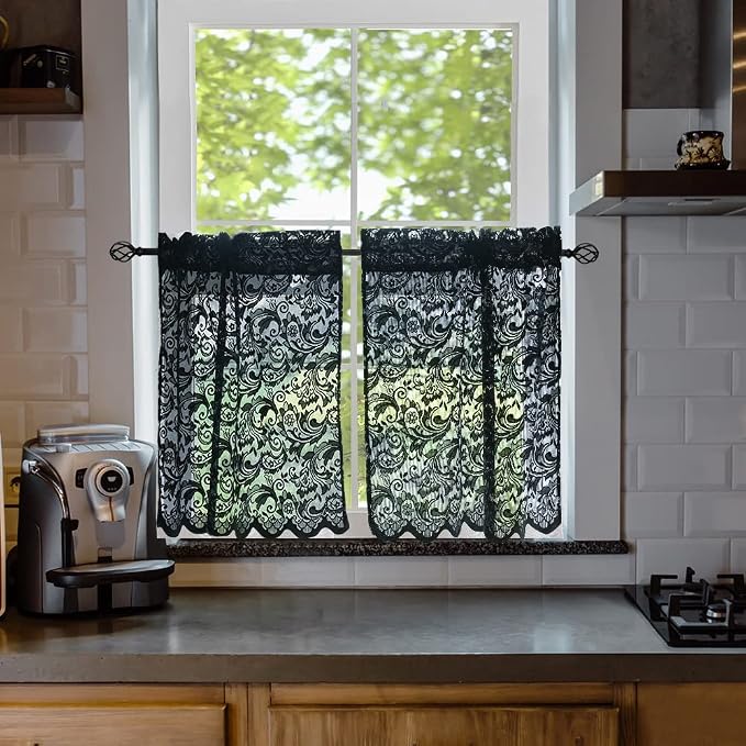 ALIGOGO Black Lace Curtains 24 inch Length Goth Kitchen Window Small Curtains for Door Window Decor Privacy Tier Curtain Rod Pocket Bathroom Laundry Room RV 2 Panels, 52 x 24 Inch