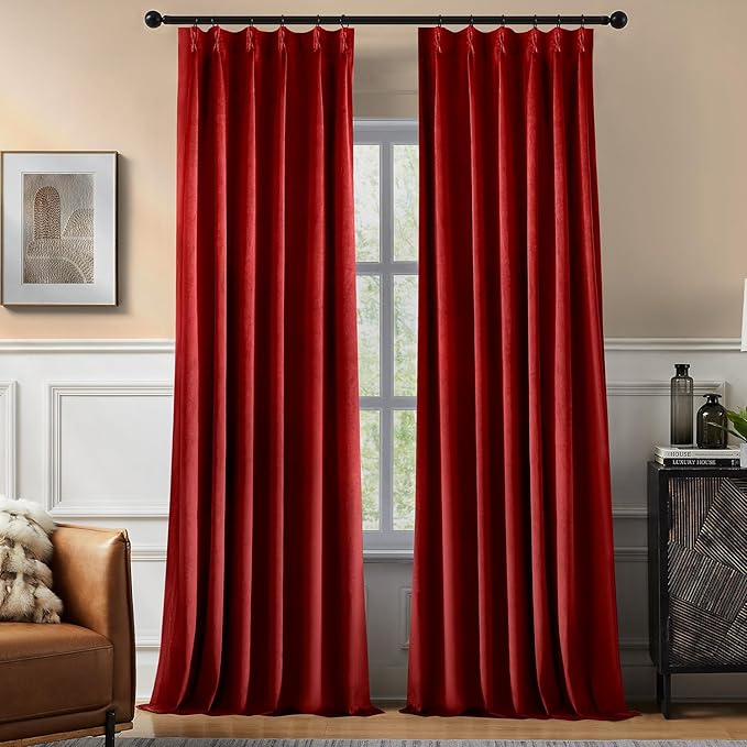 Pinch Pleated Blackout Curtains for Bedroom, Red Velvet Curtains for Living Room, Black Out Curtain 90 inch Long Room Darkening, Blackout Pinch Pleatd Drapes with Hooks 2 Panels