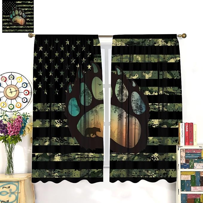Rustic Bear Curtains,Vintage Cabin American Flag Independence Day Drapes for Bedroom Living Room Kitchen Window Treatment 2 Panels Set Total Size 42" W X 45" L Inch