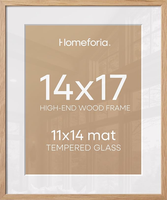 Homeforia 14x17 Picture Frame Wood, High End Natural Oak 14x17 Light Wooden Poster Frame with Mat 11x14, 14 x 17 Frames Matted to 11 x 14 Photo, 17x14 Hanging Frame, Tempered Glass, Wall Kit, Set of 2
