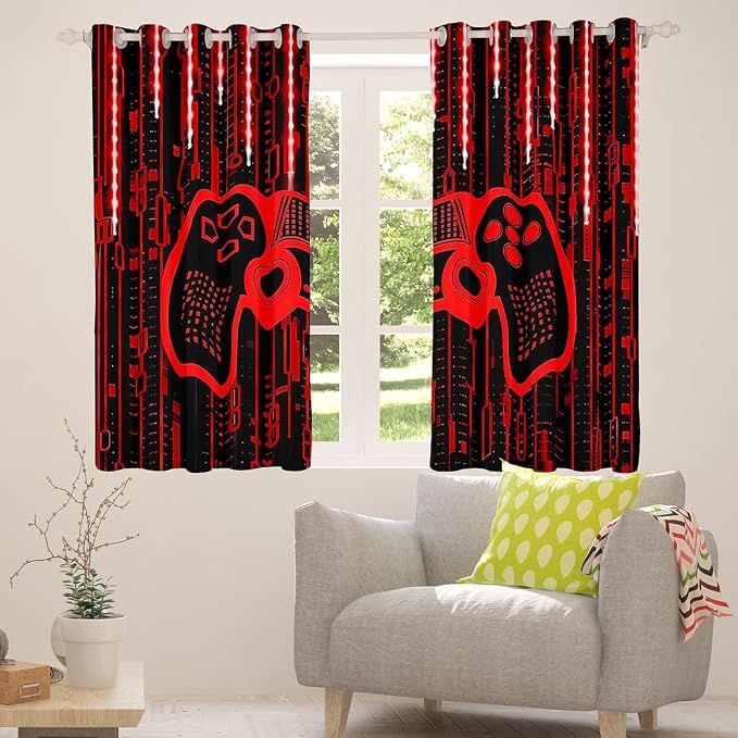 Feelyou Kids Boys Red Gamer Window Curtains Light 3D Gaming Darkening Drapes Gamer Blackout Curtains for Gamepad Window Treatments Modern Game (2 Panels, 38 x 54 Inch)