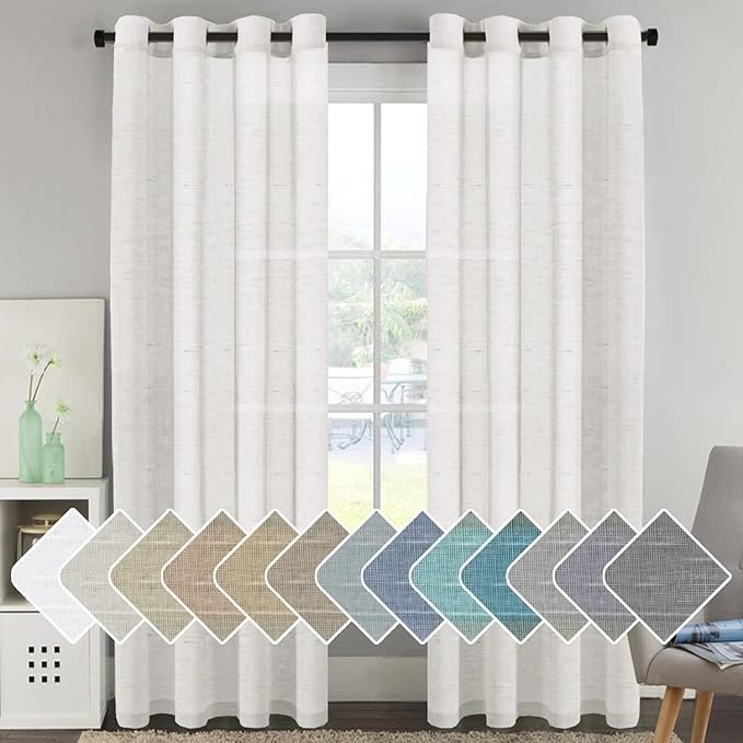 H.VERSAILTEX Linen Curtains Flax Linen Blended Curtain Panels for Living Room/Bedroom Semi Sheer Privacy Curtains 120 inch Length 2 Panels Set Nickel Grommet Window Drapes, White