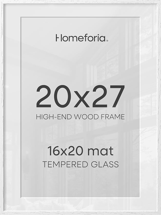 Homeforia 20x27 White Picture Frame, High End Oak 20x27 White Wooden Poster Frames with Mat 16x24 for Print, 20 x 27 Wood Frame Matted to 16 x 24 Photo, 27x20 Frame, Tempered Glass, Wall Kit, Set of 1