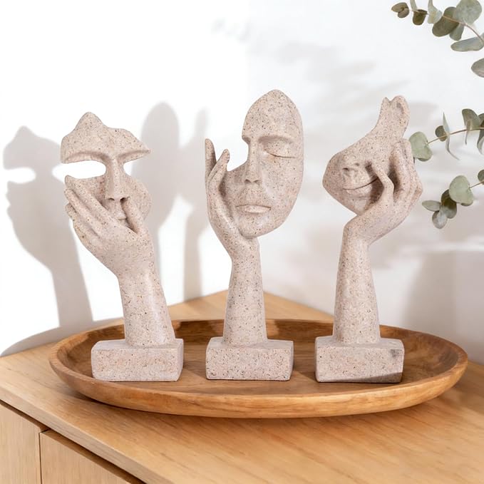 3 Pcs Thinker Statue - Resin Art Abstract Home Accent Figurines for Decor Apartment Bookshelf Floating Shelf Living Room Coffee Table Office Desk Counter Decor (3 Pcs Sandstone, 6")