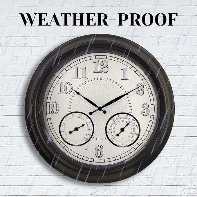 Illuminated Large Outdoor Clock - 18 inch Indoor Outdoor Night Light Wall Clock with Smart LED Sensor, Temperature and Humidity Combo - Weatherproof & Easy to Read for Pool, Patio & Home Decor