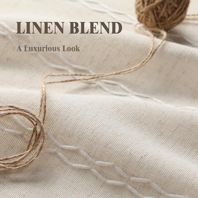 Cream Boho Blackout Curtains 2 Panels 84 Inch for Living Room Bedroom, Beige Linen Texture Farmhouse Curtains with Tassels and Cotton Embroidery Vintage Rustic Western Rod Pocket