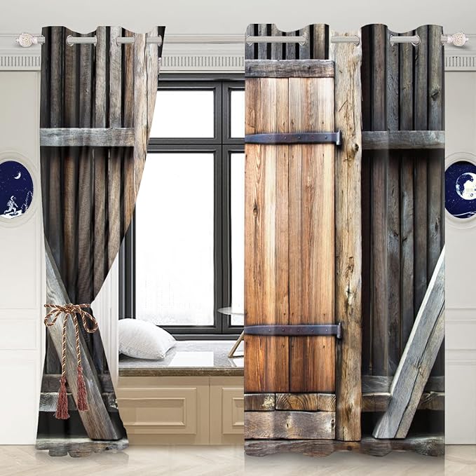 Rustic Farm Kitchen Curtains Farmhouse Old Wooden Door Vintage Barn Door Blackout Window Drapes for Living Room Bedroom Rural Room Darkening Window Treatment,53x72 inch,2 Panels