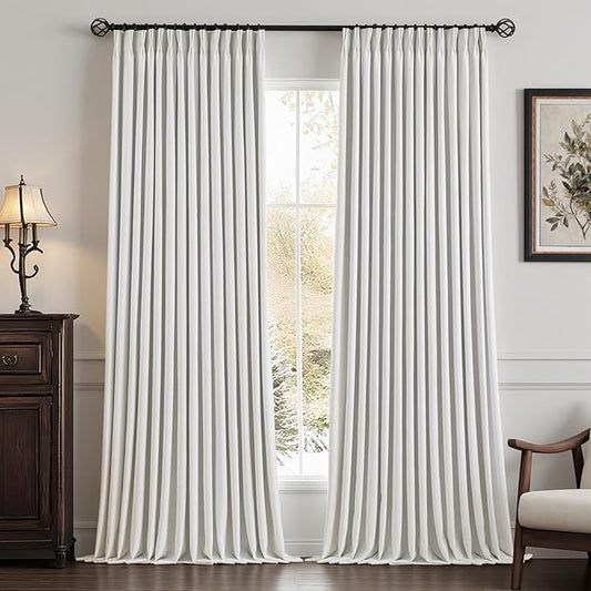 IVAPUPU Linen Pinch Pleated Blackout Curtains for Bedroom - Ivory Full Black Out Curtains 102 Inch 2 Panels Set for Living Room Darkening Thermal Window Curtain Drapes with 16pc Hooks