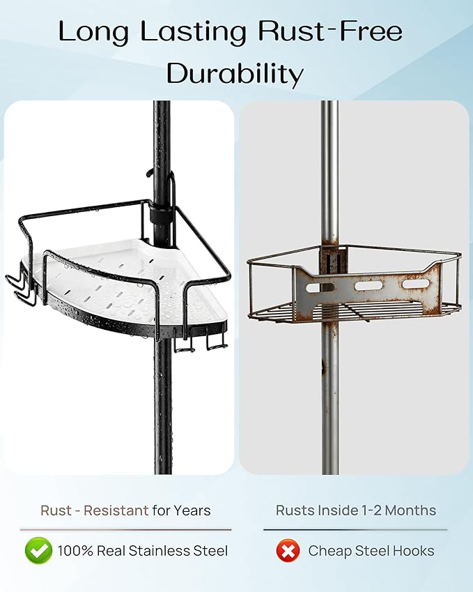 ALLZONE Corner Shower Caddy Tension Pole, 4 Hang-On Basket with Mixed-Height Shelves for Various Bottle Sizes, Extra Hooks & Soap Holder, Rustproof Stainless Steel, Fits 34–116 Inch, Black/White