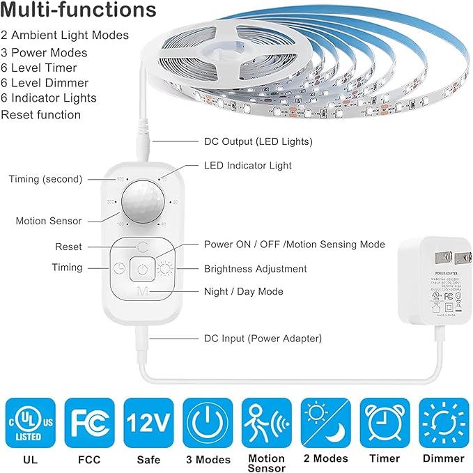 Motion Sensor Under Cabinet Lights - Plug-in LED Strip Lights Indoor With UL FCC Approved Adapter, Dimmer And Timer For Kitchen Cabinet, Counter, Shelf, Showcase, Stairway, Bedroom, Corridor, Washroom