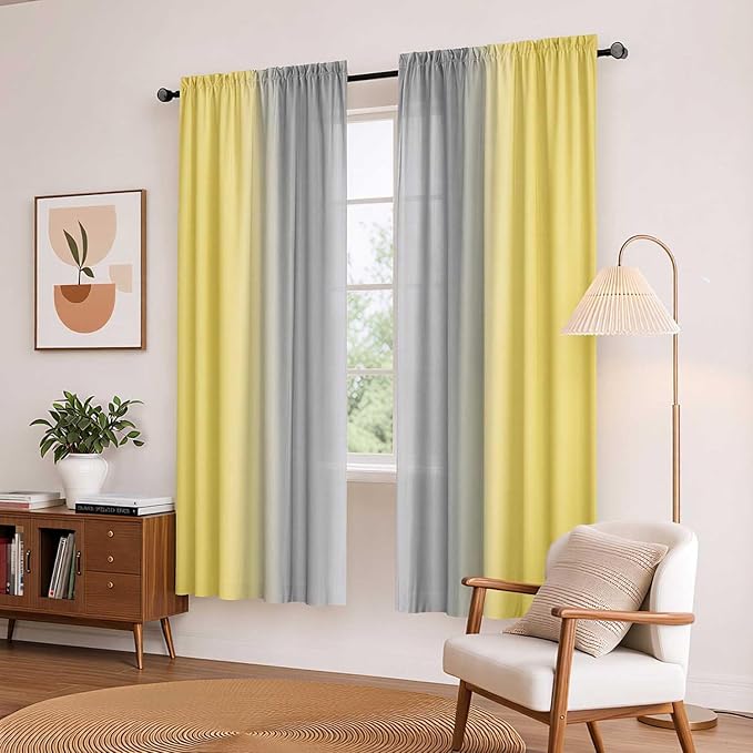 Yellow and Grayish Curtains for Living Room 63 Inch Length Ombre Curtains 2 Panel Bedroom Yellow and Grey Curtains Rod Pocket Light Filtering Window Curtain Modern Gradient Drapes
