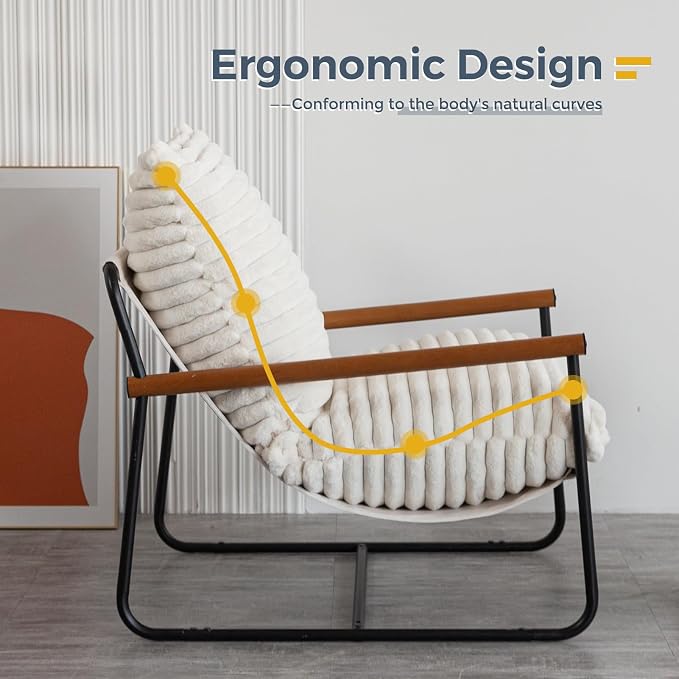 MAXYOYO Accent Chair, Sherpa Arm Chair for Living Room, Mid Century Modern Accent Chairs, Boucle Reading Bedroom Chair, Teddy Armchair, Wooden Arms Metal Frame