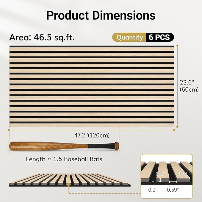TONOR Wood Wall Panels for Interior Wall Decor, 6 Pack 47.2" x 23.6"(46.41ft²) Wood Slat Aacoustic Panels, Soundproof Wall Panels for Noise Cancelling and Decoration, Living Room, Office, Burly Wood