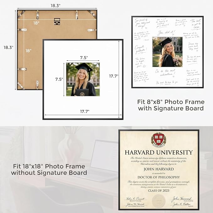Signature Picture Frame 18x18, Aluminum Signable Frame with Glass, Black | Sleek Black Signable Frame with 8x8 for Wedding, Graduation, Birthday & Baby Shower Guest Book| Real Glass & Wall Kit