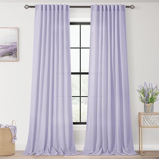 Lavender Back Tab Linen Curtains 102 Inches Length for Bedroom Living Room Semi Sheer Privacy Light Filtering Drapes Farmhouse Boho Texture Window Treatment Sets Violet Purple 52X102