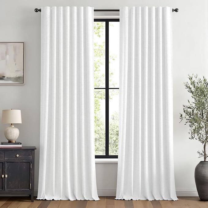 MIULEE 100% Blackout Linen Curtains for Bedroom, Bright White Solid Luxury Decor Thermal Insulation Room Darkening Drapes for Living Room Back Tab Rod Pocket 42 x 96 Inches, 2 Panels