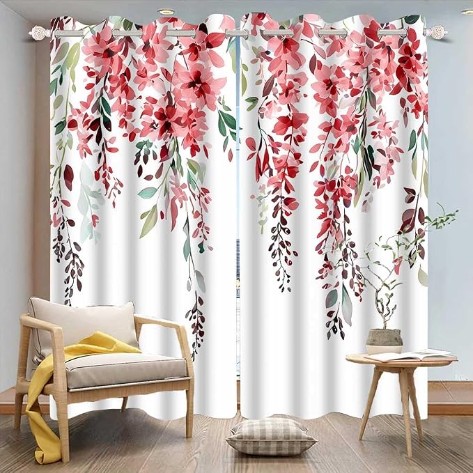 Red Watercolor Floral Curtains, 52x84 inch, 2 Panels | Botanical Leaves Vine Flowers, Rustic Farmhouse, Blackout Window Treatment, For Bedroom Living Room