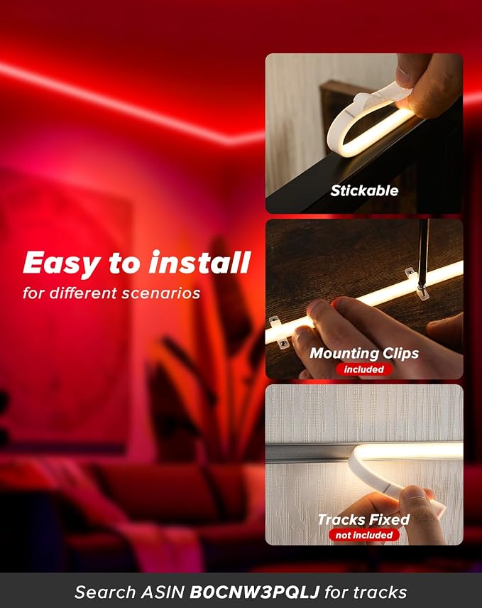 Shine Decor COB LED Rope Light AC 120V, 800lm Ultra Bright, IP65 Waterproof Cold-Resistant ETL Neon Strip, No Driver Tape Lighting for Home Commercial 10x4.5mm, Red, 16.4ft