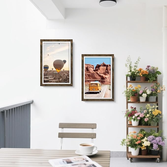 Picrit 12x18 Picture Frame 3 Pack, Wooden Brown Rustic Poster Frame, Display Poster 11 x 17 with Mat or 12 x 18 without Mat for Horizontal or Vertical Wall Mounting