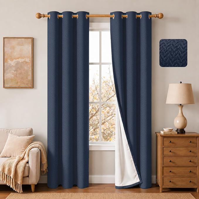 2 Panels 100% Blackout Linen-Textured Curtains, Thick Thermal Insulated Grommet Drapes with Subtle Herringbone Weave, Luxury Decor for Bedroom/Living Room, 37 x 84 Inches, Navy
