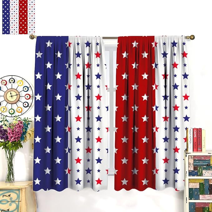 4th of July Curtain,Patriotic Stars Stripes Red White Blue Independence Day Drapes for Bedroom Living Room Kitchen Window Treatment 2 Panels Set Total Size 52" W X 84" L Inch