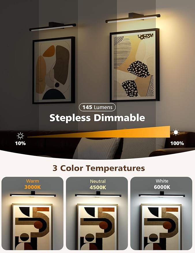VOLISUN 15.7'' Picture Lights for Wall, 4000mAh Rechargable Picture Light Battery Operated, 3 Color Temperatures & Stepless Dimmable, 145LM Art Light for Paintings, Gallery, Portrait, 2 Pack (Black)
