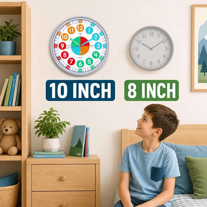 OWLCONIC Clock for Kids – Educational Analog Learning Wall Clock, Non Ticking Teaching Clock for Classroom & Homeschool, Silent Kids Bedroom Décor Bright