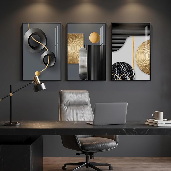 Framed Modern Elegant Wall Art for Living Room, 3 Piece Contemporary Luxury Prints Paintings, Black and Gold Abstract Geometric Pictures for Bedroom Dining Room Hallway Entryway Home Office Wall Decor 16x24 In
