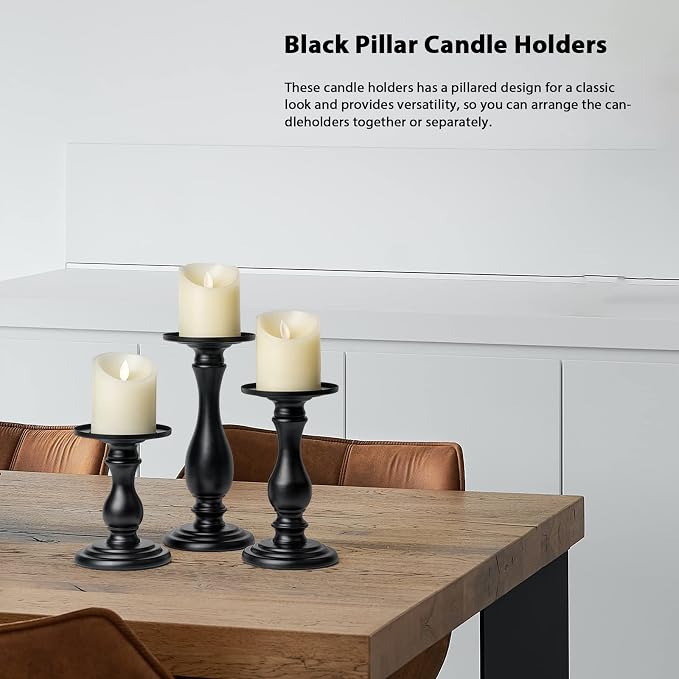 Matte Black Pillar Candle Holders Set of 3, 6/8/10 Inch Metal Stands for 3 or 4 Inch Pillars, Fireplace Mantel Table Centerpiece, Rustic Farmhouse Wedding Decor