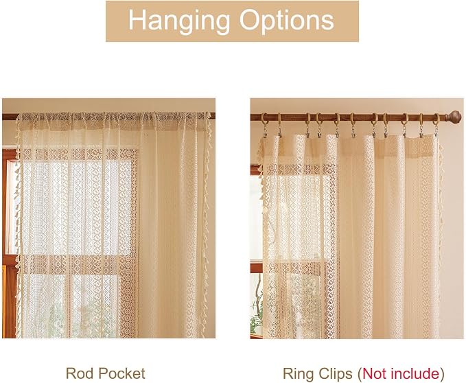 Sutuo Home Beige Boho Lace Curtains 84 inches Long,Crochet Macrame Bohemian Drape Farmhouse Vintage Chic Tassels,Cream Sheer Window Curtains for Living Room&Bedroom Decor Rod Pocket, 2 Panels 50" W