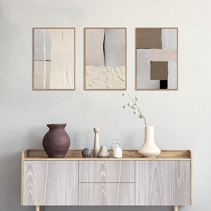 LHIUEM Large Abstract Neutral Framed Canvas Wall Art Set,Mid Century Beige Textured Wall Decor,Brown Gray Block Art Painting for Living Room,Bedroom,Dining Room,Office -24"x36"x3