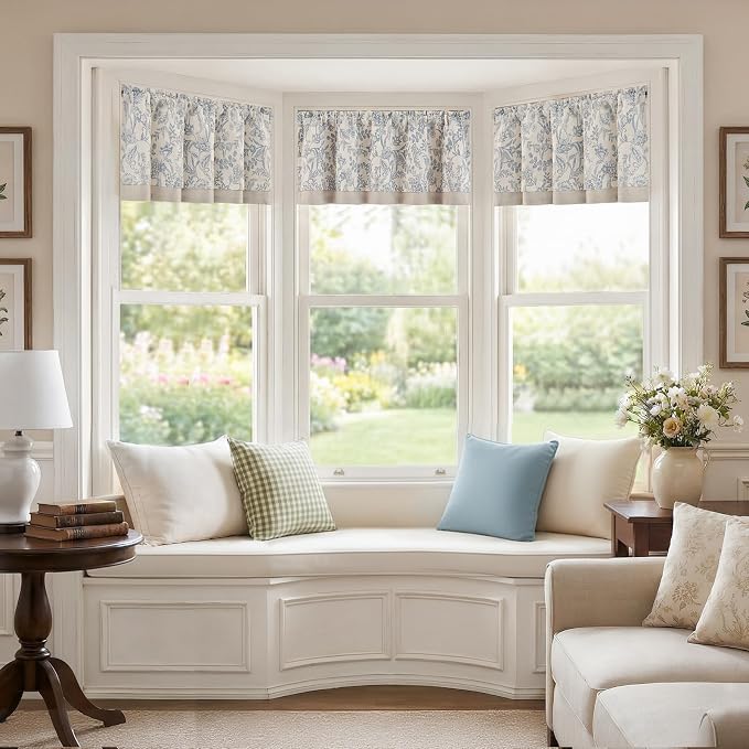 jinchan Linen Valance Curtain Farmhouse Floral Printed Small Window Curtain for Kitchen Rustic Country Light Filtering Valance for Living Room Bedroom Bathroom 16 Inch Rod Pocket 1 Panel Blue on Beige