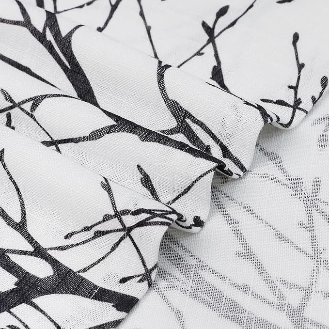 FMFUNCTEX Linen Semi Sheer Curtains for Bedroom, Black White Curtains 45 Inches Long for Living Room, Grey Tree Branch Patterned Curtain Light Filtering Kitchen Window Drapes, Grommet Top 2 Panels