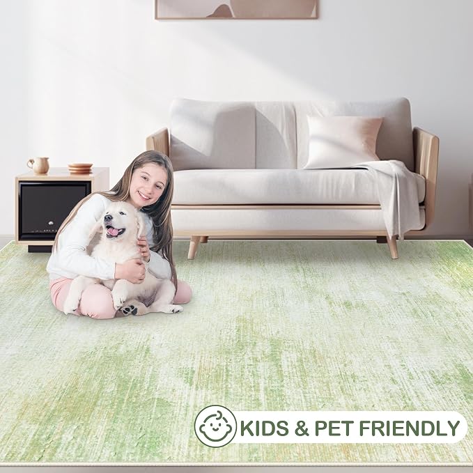 Area Rugs 9x12 Living Room: Washable Rug Modern Abstract Large Rugs Soft Non Slip Neutral Rug Stain Resistant Indoor Carpet for Bedroom Kitchen Dining Room Home Office Rugs(Green,9'x12')