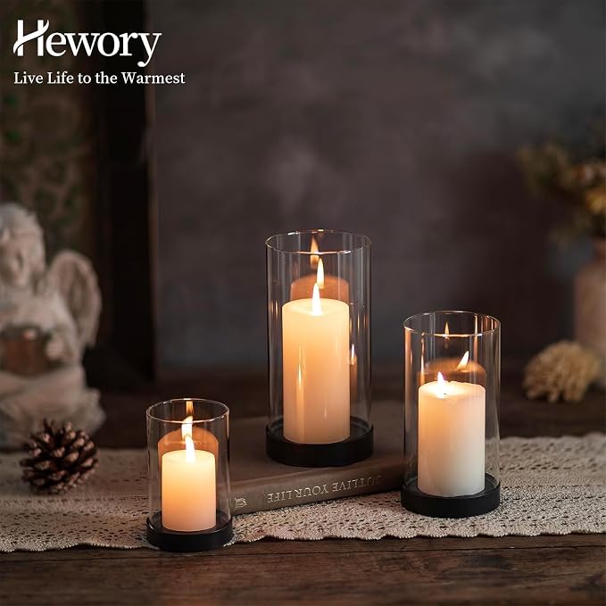 Hewory Hurricane Candle Holder for Pillar Candles: Black Votive Candle Holders Set of 6, Glass Hurricane with Metal Candle Plate, Pillar Candle Holder for Table Centerpiece Wedding Holiday Home Decor