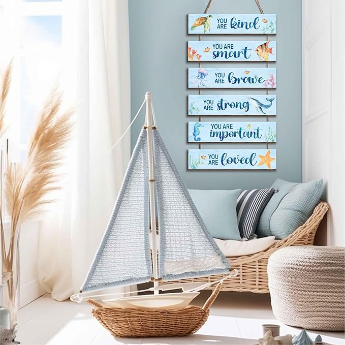 6 Pcs Ocean Decor Kids Room Placards of Wood Decor, Watercolor Ocean Inspirational Positive Quotes Works of art of Wood Wall Art Hanging Sign for Teens Children Bedroom Princess Toddler Room