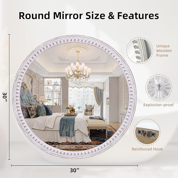 30 Inch Farmhouse Round Mirror for Wall Decor, Wooden Decorative Mirrors | Circle Shape Softens Straight Lines, Balancing Bathroom Sinks, Living Room, Entryway, Fireplaces, or Narrow Passages