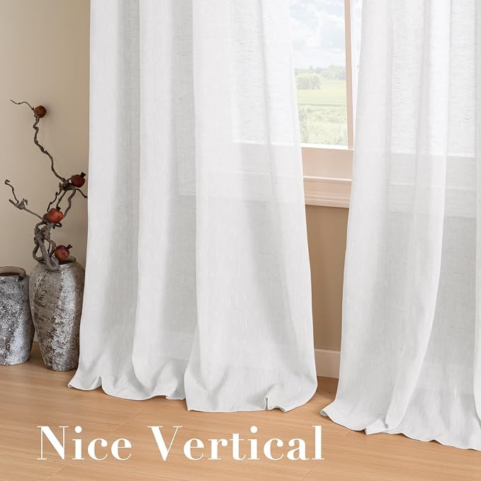 H.VERSAILTEX Linen Curtains 90 inches Long Linen Curtains/Natural Linen Blended Sheer Curtain/Panels/Drapes for Living Room, Home Decorative Privacy Window Treatment Nickel Grommets, Pure White