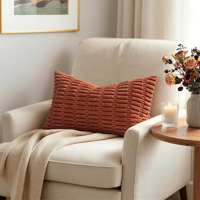 MIULEE Fall Pack of 2 Rust Corduroy Decorative Lumbar Pillow Covers 20x12 Inch Soft Boho Striped Throw Pillow Covers Modern Farmhouse Home Decor for Sofa Living Room Couch Bed