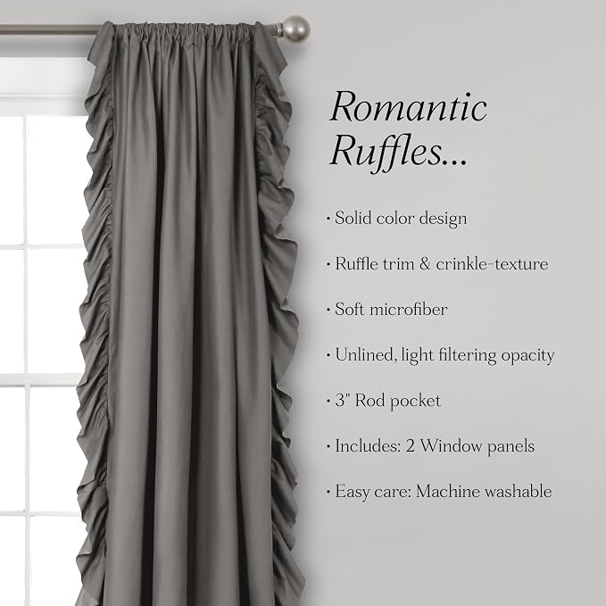 Lush Decor Reyna Ruffle Window Curtain Panel Set, Pair, 54" W x 84" L, Gray - Flowy Curtain Set - Romantic Ruffle Curtains for Bedroom, Living room, or Dining Room - Farmhouse & Cottage Home Decor