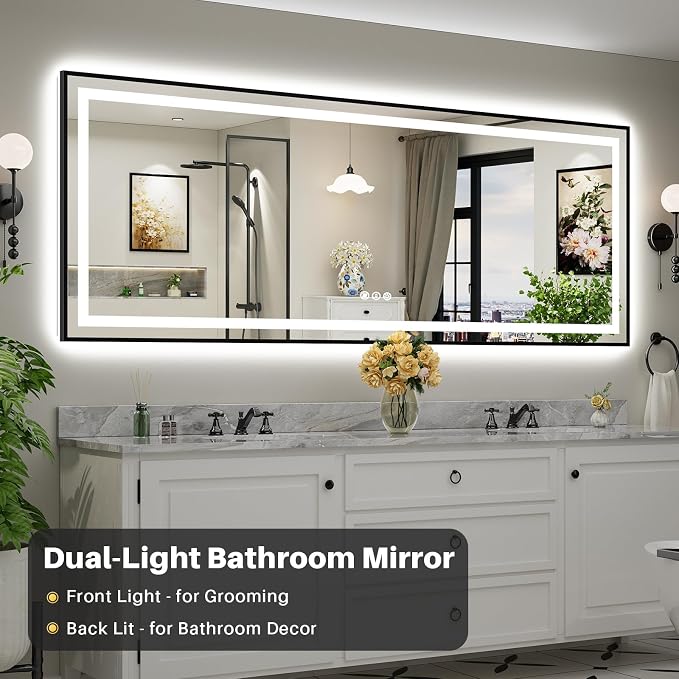 96x36 Inch LED Bathroom Mirror with Black Frame, Backlit & Front Lit, Anti-Fog Lighted Bathroom Vanity Mirror for Wall, Memory Function, Dimmable, HD Tempered Glass, Shatter-Proof