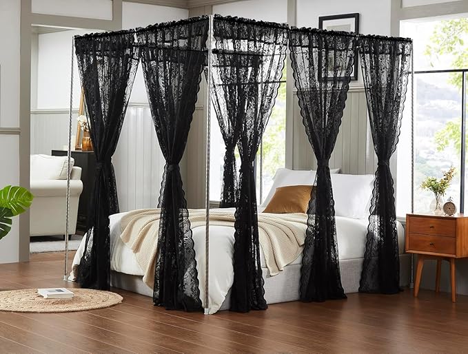 Treatmentex Black Floral Lace Curtains 63" Length for Bedroom, Exquisite 3D Floral Knitted Rose Sheer Window Drapes for Living Room, Studio. Modern Gothic Sheer Lace Curtains. 52" W 2Pack, Rod Pocket