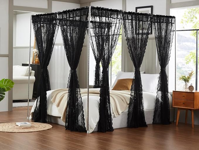 Black Lace Curtains for Living-Room 84 inch Length, Fine Rose and Leaf Embroidered Light Filtering French Country Curtains for Bedroom, Vintage Delicate Floral Sheer Window Drapes 52"w Rod Pocket
