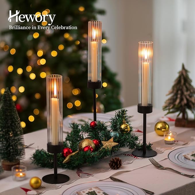 Hewory Black Hurricane Candle Holders: 12 PCS Tall Taper Candlestick Candle Holders Bulk for Candlesticks Candle Sticks Holder Decor for Table Centerpiece Wedding Party Christmas Decorations