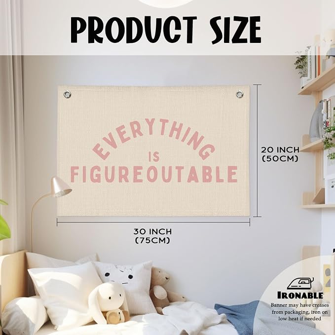 Everything is Figureoutable Inspirational Wall Decor, Motivational Classroom Wall Decor, Classroom Linen Canvas Banner Hanging Flag, 20x30 Inch - Pink
