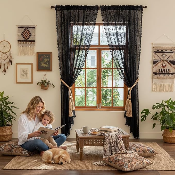 WAZZIO Boho Lace Curtains 63 Inch -Vintage Victorian Sheer Panel Drape Floral Pattern & Tassel Light Filtering Privacy for Bedroom Dining Living Room,Black Gothic Halloween Decor,2 Panels,W52 x 63L