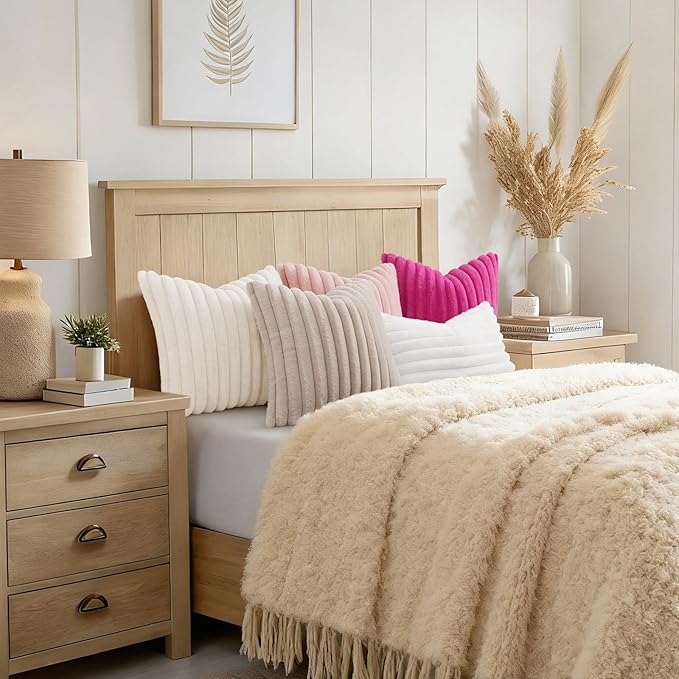 decorUhome Fall Cozy Faux Fur Throw Pillow Covers 24x24 Set of 2 Decorative Plush Striped Modern Farmhouse Boho Couch Euro Sham Pillow Cases with Velvet Back for Sofa Bed Living Room, Cream White